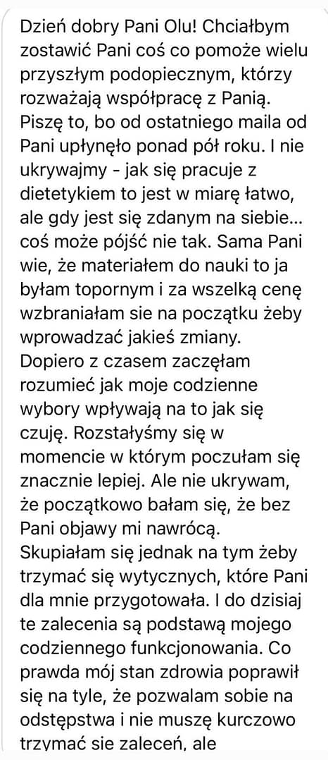 Anonimowa opinia pacjentki po współpracy dietetycznej
