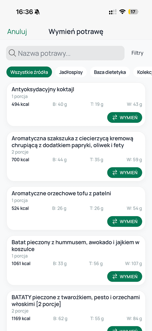 Zamienniki posiłków w aplikacji